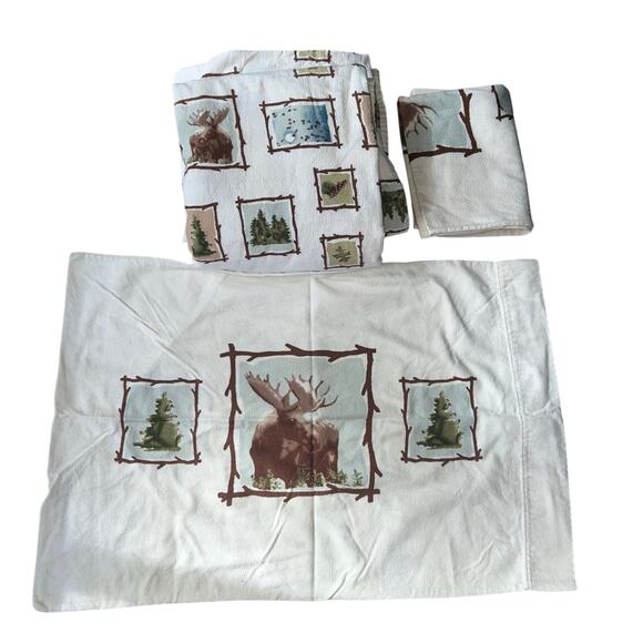 Woolrich full flannel flat sheet 2 pillow cases moose cabin forest rustic - Picture 1 of 5